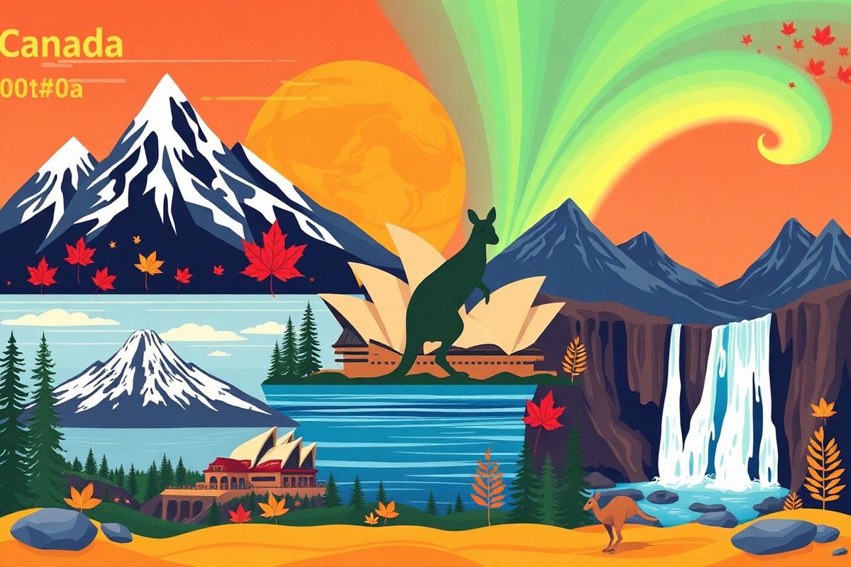 Illustrazione con paesaggi di Canada, Australia e Islanda